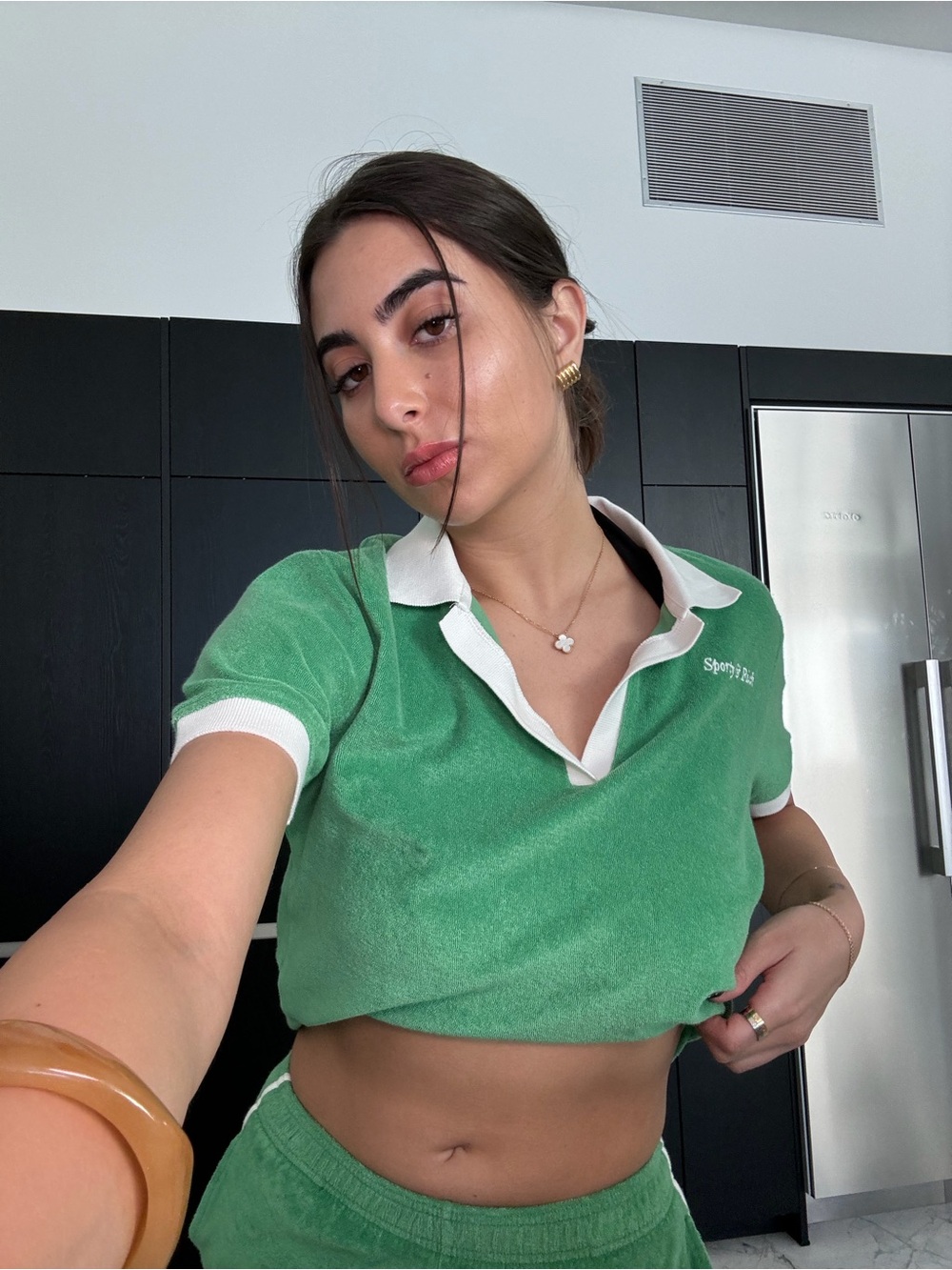 Sporty & Rich Green Terry Polo Set with White Trim